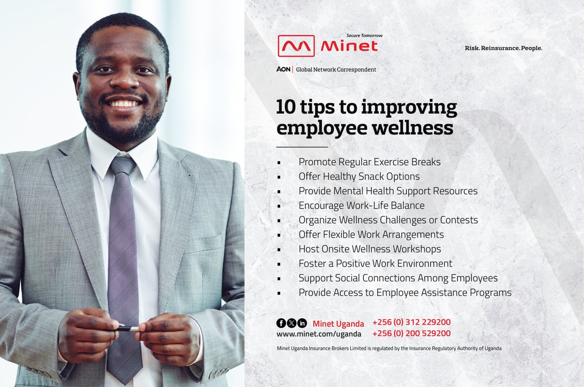 Minet Uganda - 10 tips to improving employee wellness To chat with us on employee wellness, contact: +256-312-229-200 or +256-200-529-200 Or send us an email at info@minet.co.ug #MinetUganda