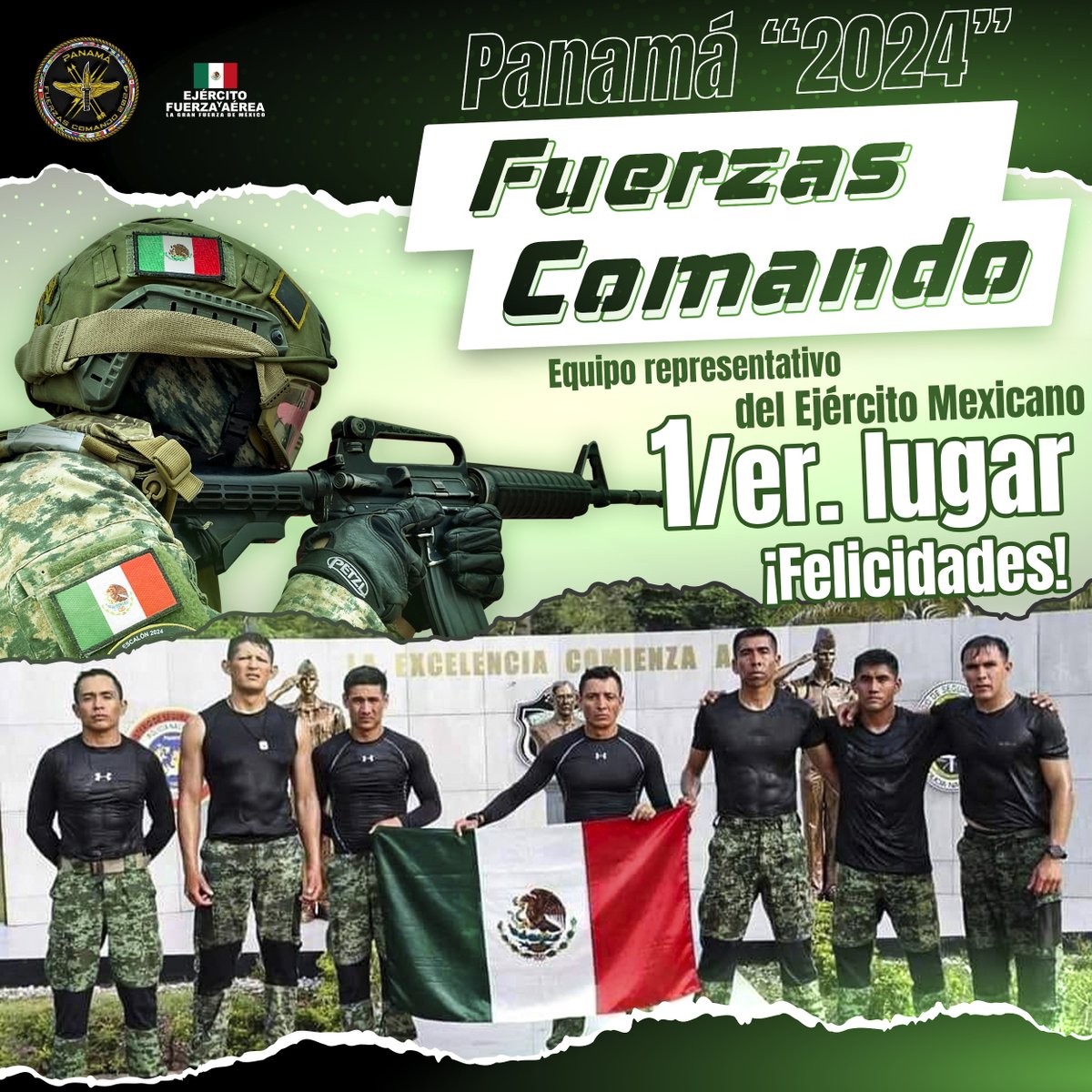 Felicitamos al equipo representativo del #EjércitoMexicano que demostró sus capacidades de adiestramiento durante la competencia “Fuerzas Comando 2024”, en #Panamá. ¡Su disciplina y habilidades los llevaron a la victoria! Cuerpo de #FuerzasEspeciales… #TodoPorMéxico.