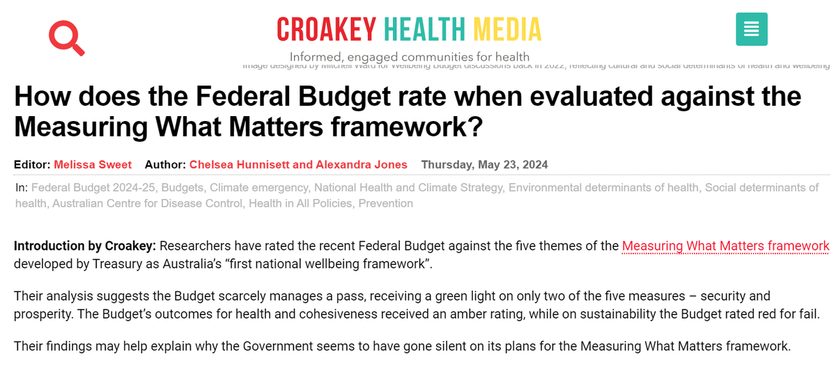 How does the Federal budget stack up against the Australian Govnt's Measuring What Matters framework? @alikjones & Chelsea Hunnisett assess progress towards a wellbeing economy. 👉bit.ly/4bRTdRe