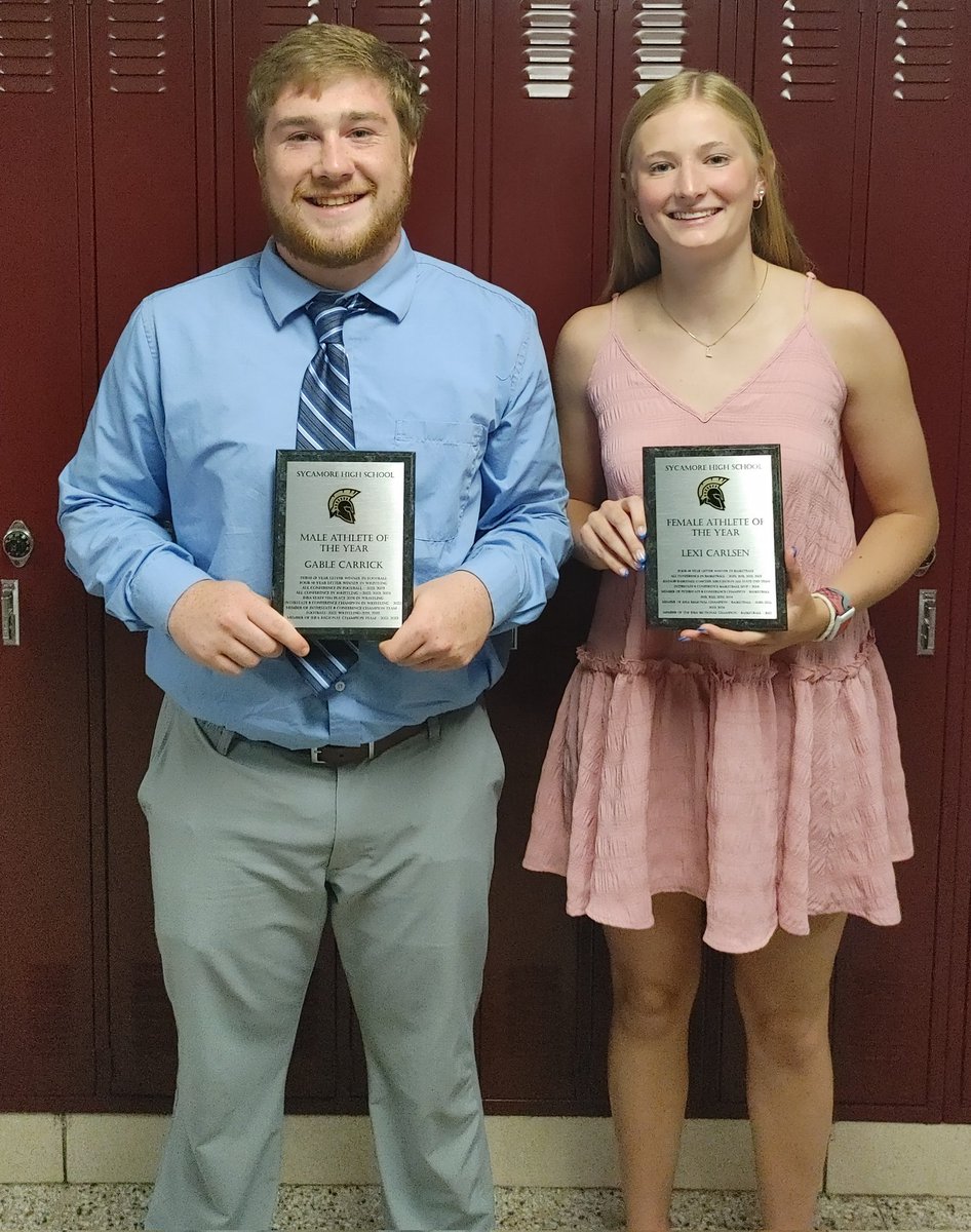 SycoSpartans's tweet photo. Congratulations to Lexi Carlsen and Gable Carrick on winning the Senior Female and Male Athletes of the Year! #HailSycamore https://t.co/o8aHT8yBvn