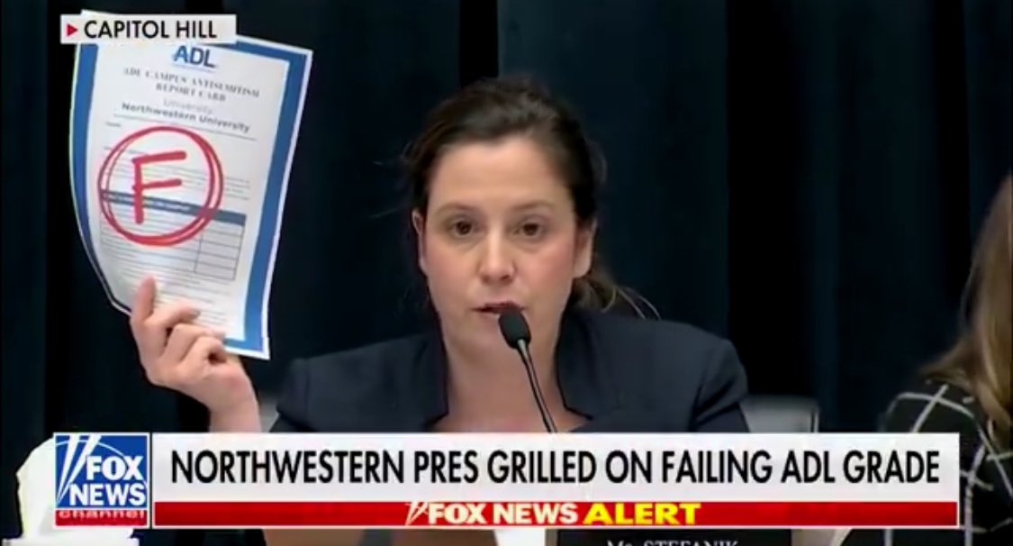 If Elise Stefanik using the ADL’s report card to accuse Northwestern University’s president of antisemitism isn’t the very definition of what someone on the “woke right” would do, then I truly have no idea what is.