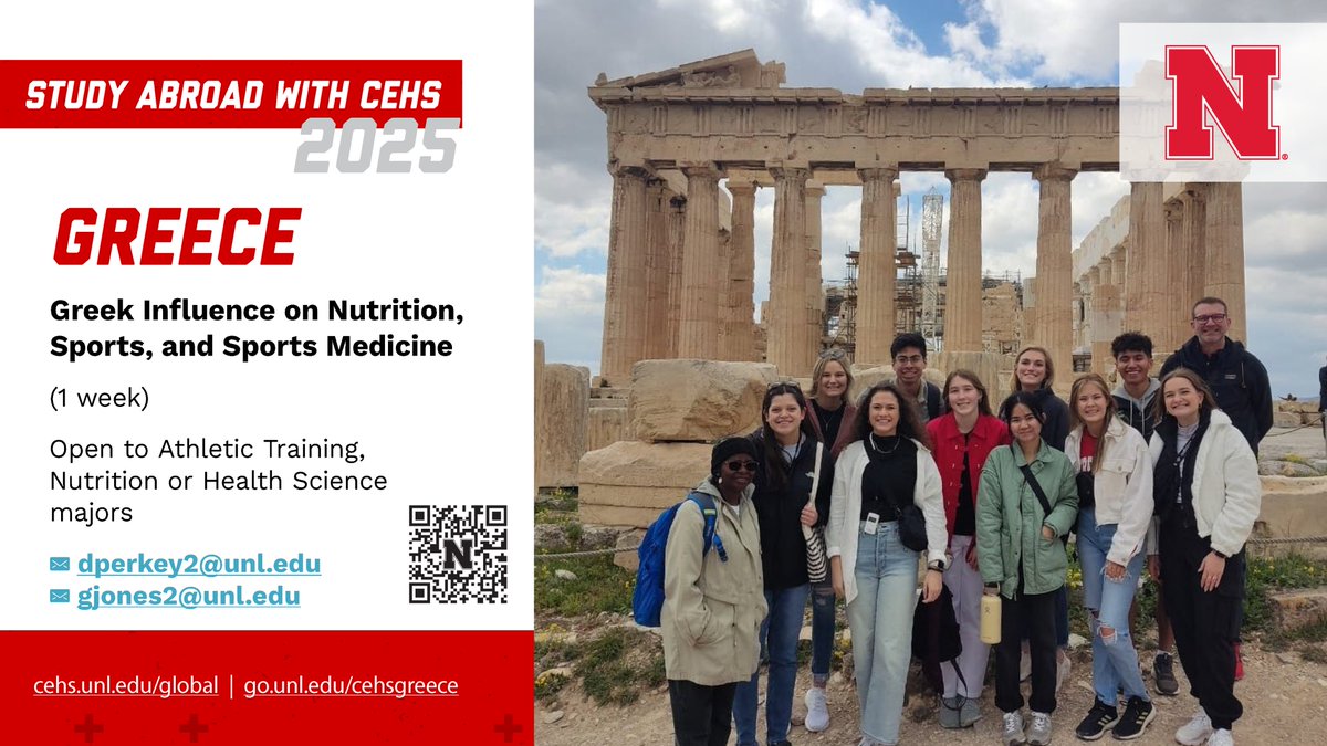 Calling all <a href="/NhsUnl/">UNL Department of Nutrition and Health Sciences</a> students: it's not too early to start planning for Spring Break 2025! Join Dennis Perkey and Georgia Jones for the faculty-led <a href="/GlobalNebraska/">Global Nebraska</a> experience in Greece!

Learn more &gt;&gt; go.unl.edu/cehsgreece

#UNL #UNLCEHS #CEHSisGlobal