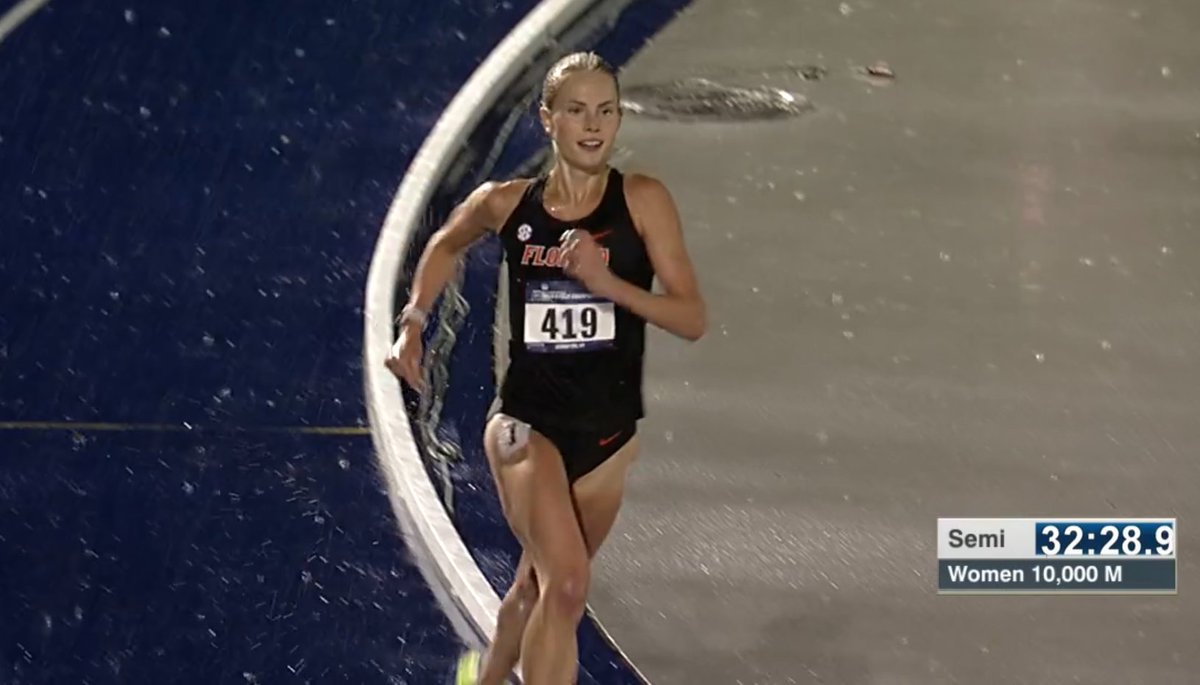 Florida's Parker Valby took off with about a mile to go in the 10,000m at the NCAA East Regional and won the race in 32:43.91. In pouring rain, she covered the final 1600m in 4:43 to earn the chance to do this again at the NCAA Championships in two weeks.