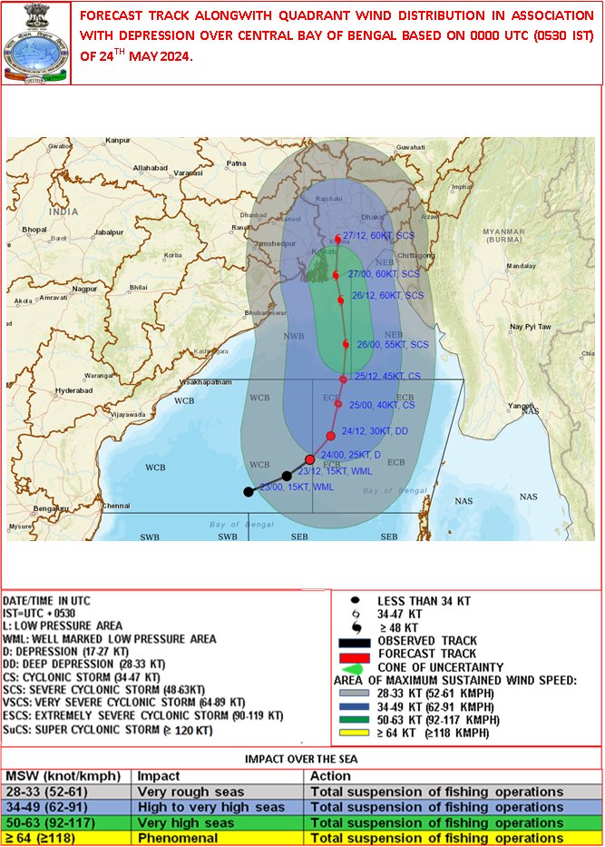 WML concentrated to Depression over central Bay of Bengal(BoB) at 0530hrs of 24May. Likely to move northeastwards and intensify further into a cyclone over eastcentral BoB by 25 morning. Subsequently, it would move nearly northwards, intensify into a severe cyclone by 25evening.
