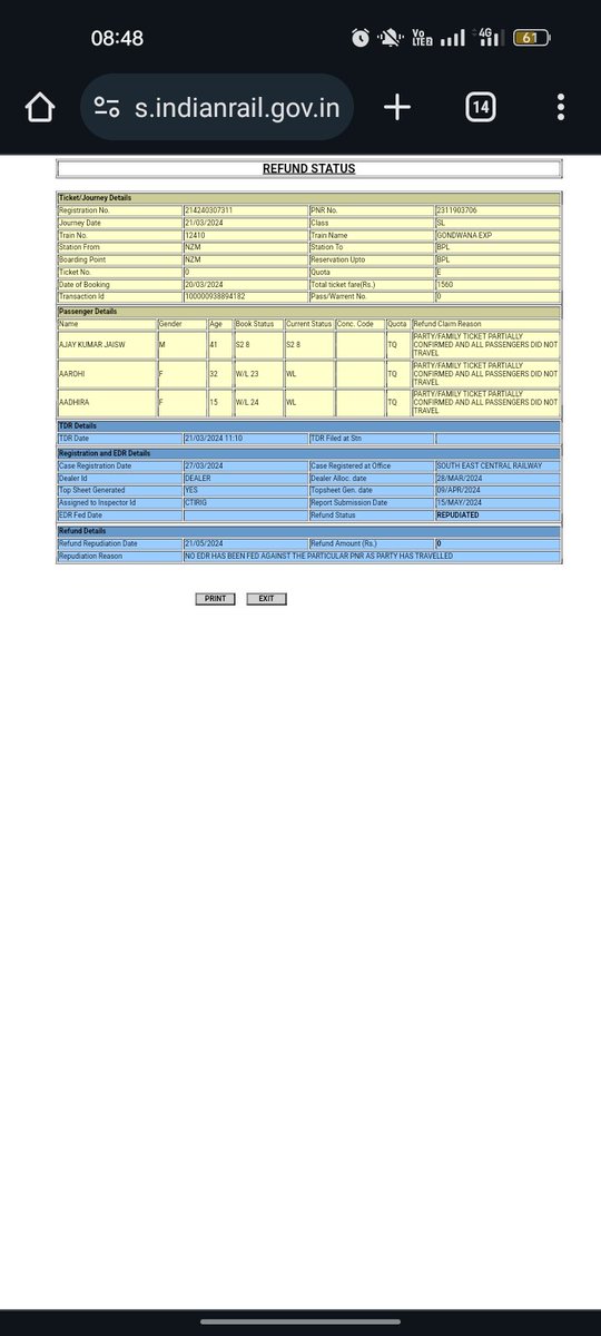 Rocks_147's tweet photo. @IRCTCofficial @RailMinIndia why my refund is not generated. Nobody has travelled.
What is the meeting of TDR.
The system is very bad for railways. https://t.co/l9EAUytxmM