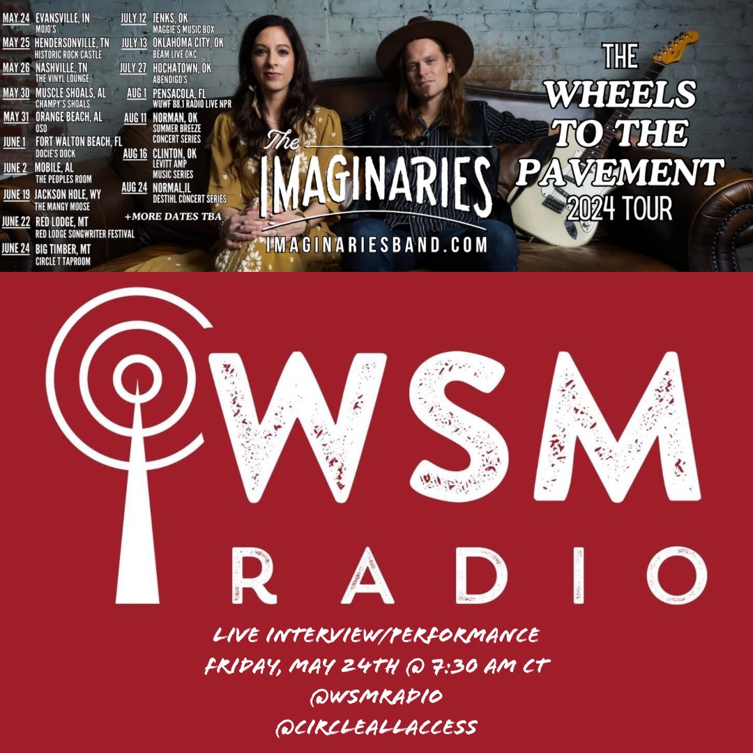 imaginariesband's tweet photo. Tune into @WSMradio @CircleAllAccess tomorrow morning 5/24 @ 7:30 AM CT and hear @imaginariesband live on the air!! 🎶🎬 #theimaginaries #wheelstothepavement #tour #wsmradio #circleallaccess https://t.co/5HH05CmAJY