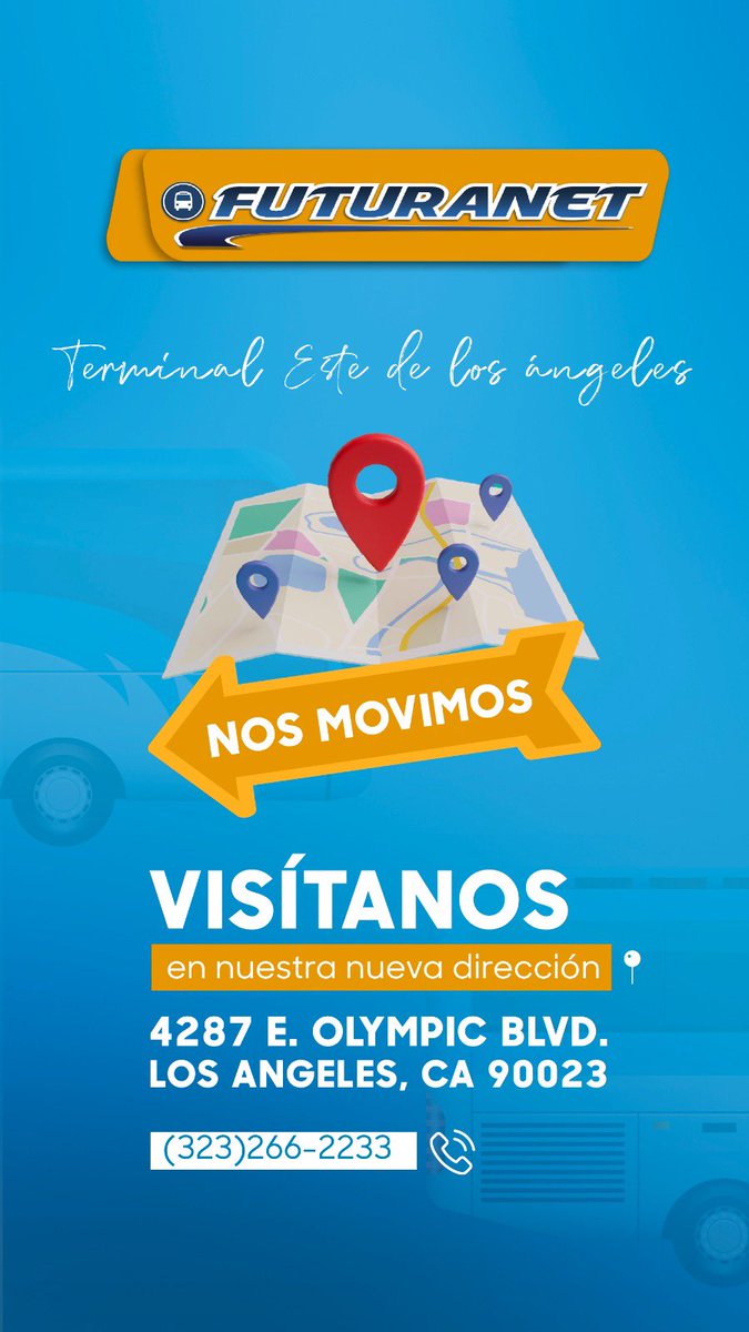 futuranetdotcom's tweet photo. Nos movimos de terminal en el Este de Los Ángeles, visítanos en nuestra nueva terminal que está ubicada aquí: 

4287 E. Olympic Blvd.
East Los Angeles CA 90023
(323)266-2233

Gracias por su apoyo! https://t.co/ucYqv1lAPe