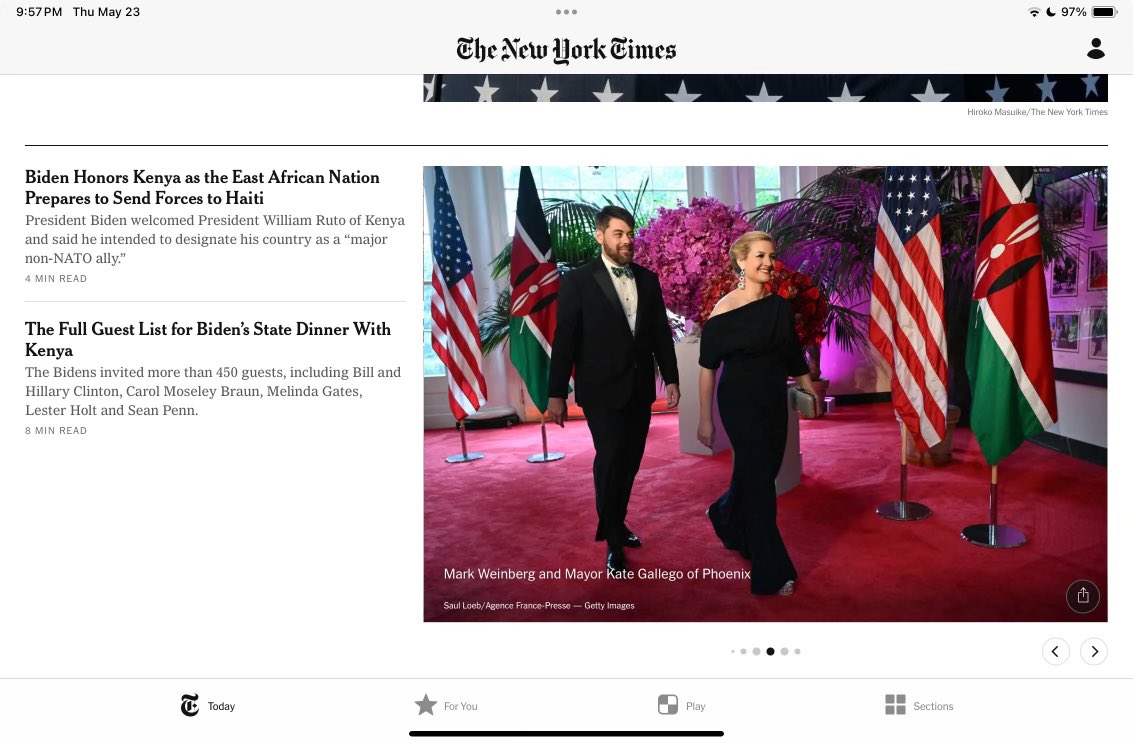 MayorGallego's tweet photo. Two places I didn’t expect to be on a Thursday evening, but am honored nevertheless:

1) @WhiteHouse State Dinner 
2) @nytimes homepage https://t.co/lr6GVL7Z21