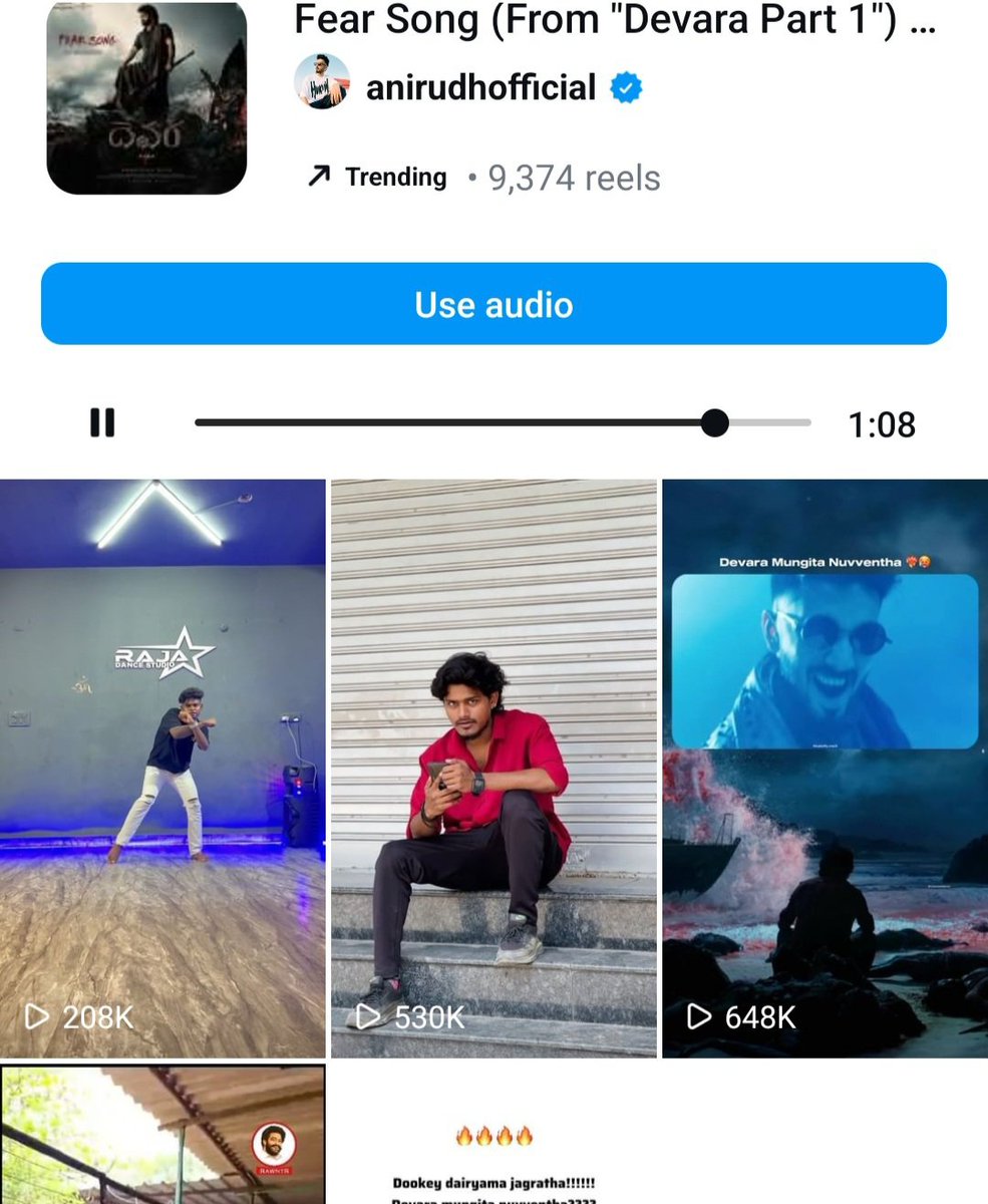 Instagram Reels For #FearSong 💥💥 Hindi Version 26.6k+ Reels Telugu Version 9.3k+ Reels Instant Masss Chartbuster @tarak9999 @DevaraMovie ❤️‍🔥❤️‍🔥❤️‍🔥. #Devara #ManOfMassesNTR #JrNTR