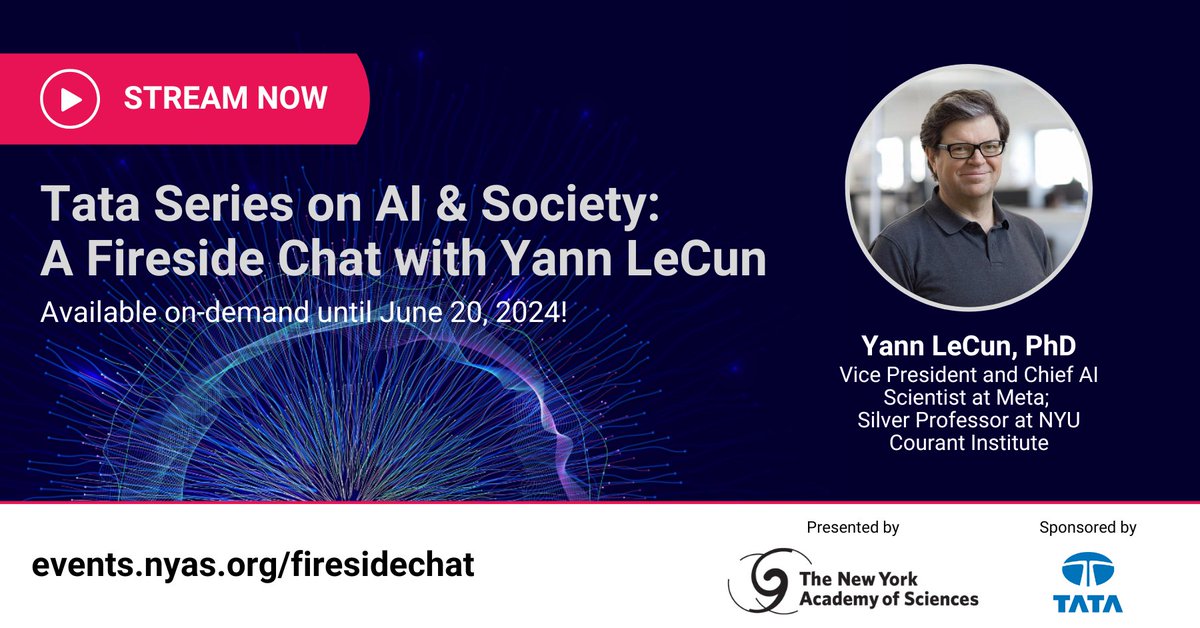 Did you miss this live event? There are just four weeks left to stream it on-demand before it disappears! ⌛ Hear @ylecun, Chief AI Scientist at @Meta & one of the world’s leaders in #AI, in conversation with @nickdirks, Academy President & CEO. Watch now: bit.nyas.org/4dOW4fF