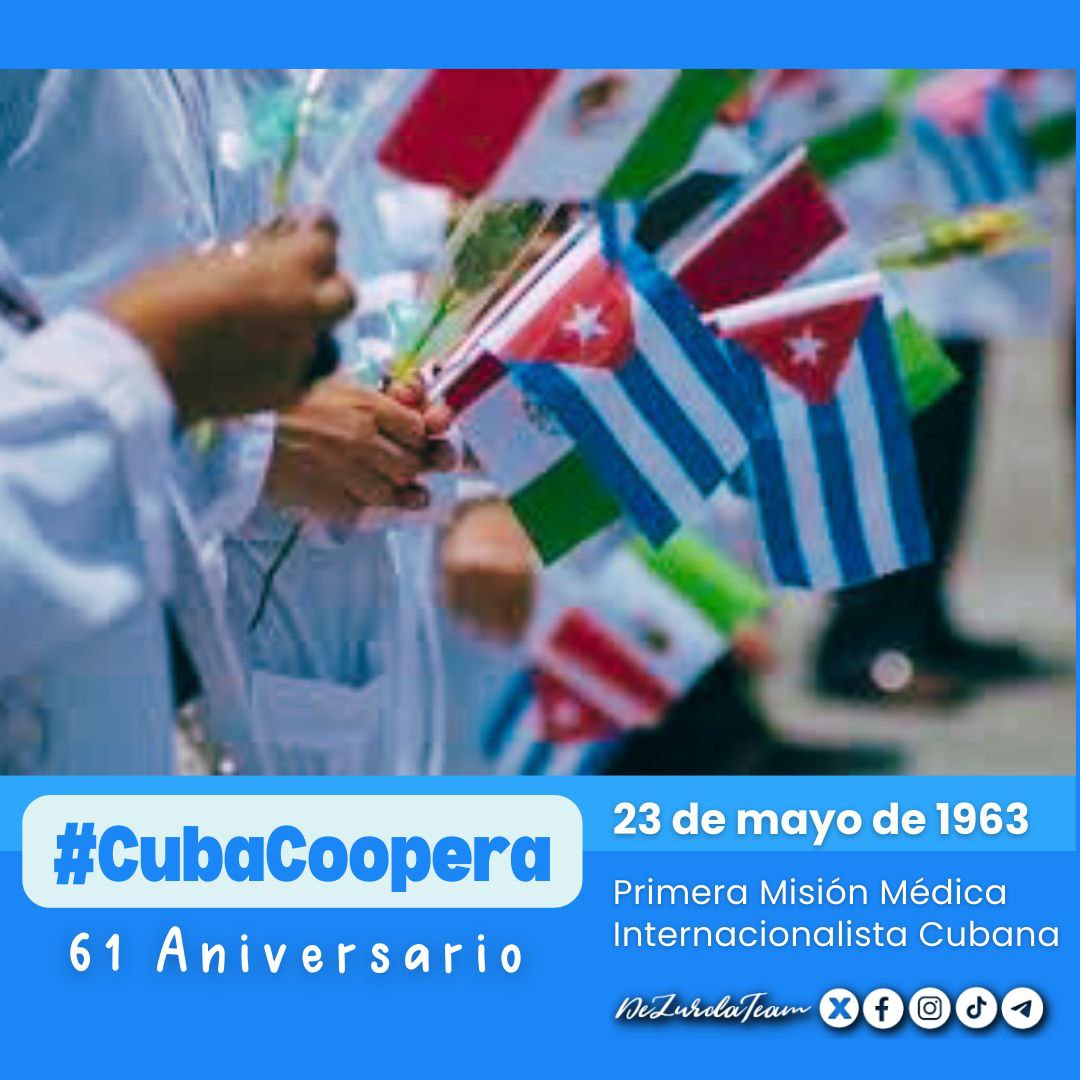 23 de mayo de 1963: 29 médicos, 4 estomatólogos, 14 enfermeros y 7 técnicos de la salud, viajaron con destino a Argelia. Se iniciaba así la primera misión médica internacionalista cubana en la historia de la Revolución. #CubaViveEnSuHistoria