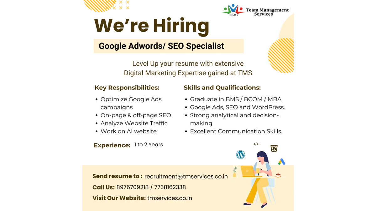 Passionate about PPC and SEO? We want you! Join our team as a Google AdWords and SEO Specialist. 

recruitment@tmservices.co.in | 8976709218 – 7738162338 

#tms #hrmode #hr #hrservices #hroutsourcing #hrsolutions #mumbai #friday #googleads #seo #digitalmarketing #sem #ppc