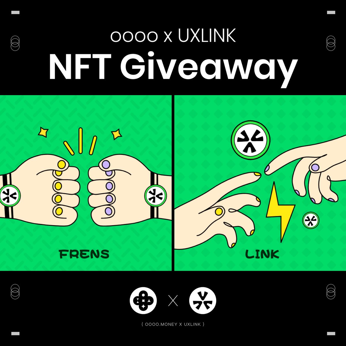 🔥 oooo &amp; UXLINK NFT Giveaway !

We're excited to announce our collaboration with 
<a href="/UXLINKofficial/">UXLINK</a> . UXLINK is a Web3 social platform and the gateway for future Web3 users.

🎁 Rewards

- 5 WLs of FRRNS 
- 20 WLs of LINK

Join now !  : app.galxe.com/quest/oooo/GC6…

⏳Ends in 72hr