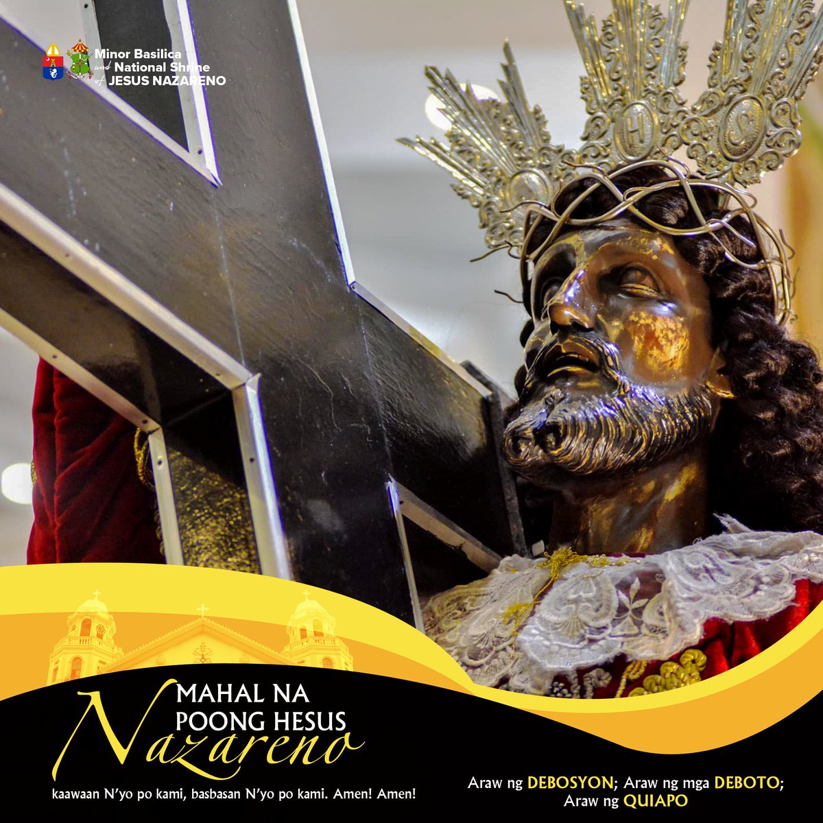 Poong Jesus Nazareno, tulungan N’yo po ang aming bayan upang lalo naming maipakita ang aming pagsunod, pagtitiwala sa Inyong kapangyarihan at pag-ibig. Walang hanggang pasasalamat, Poong Hesus Nazareno

Araw ng #DEBOSYON; Araw ng mga #DEBOTO; Araw ng #QUIAPO

#QuiapoChurch