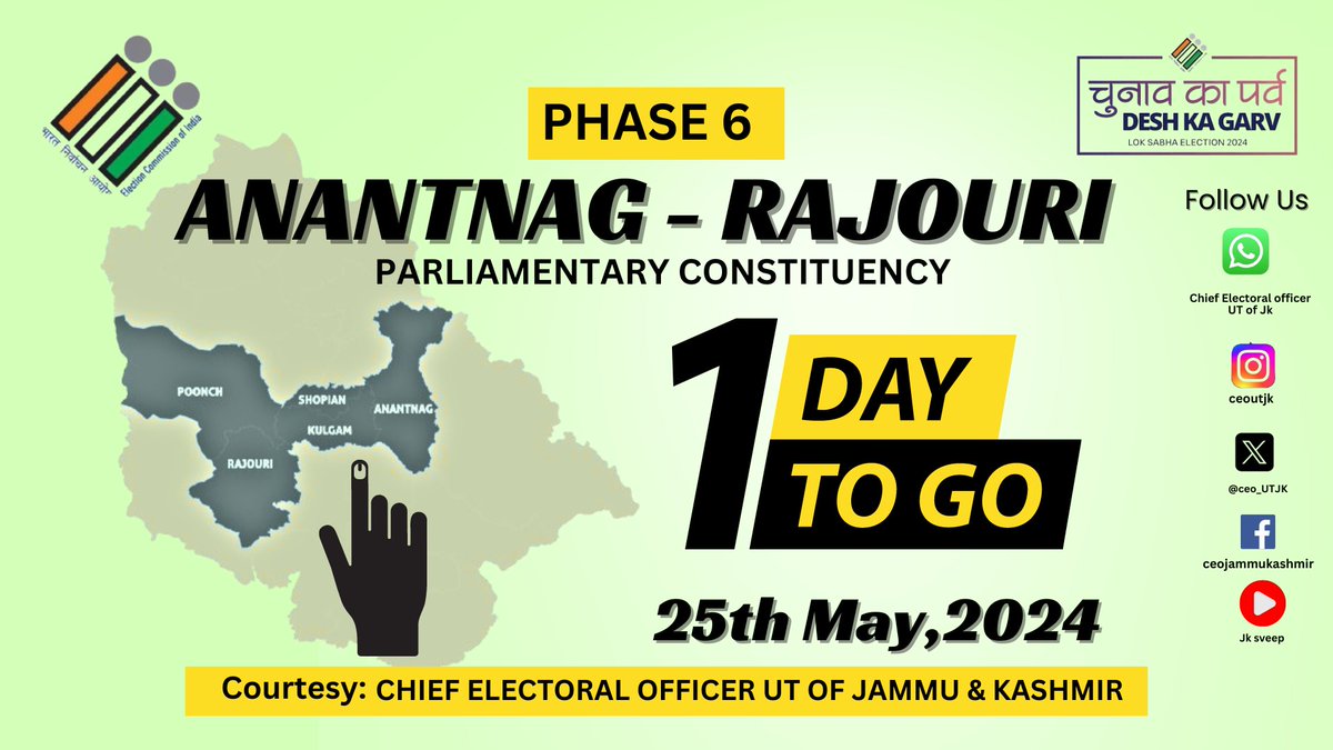 ddnewsSrinagar's tweet photo. #CountdownBegins! Make your voice heard, mark your calendars & let's shape the future together! #Election2024 #PhaseVI
@ECISVEEP @SpokespersonECI
#LokSabhaElections2024 #NoVoterToBeLeftBehind #IVote4Sure #ChunavKaParv #DeshKaGarv
@ceo_UTJK https://t.co/S70OMSbhRZ