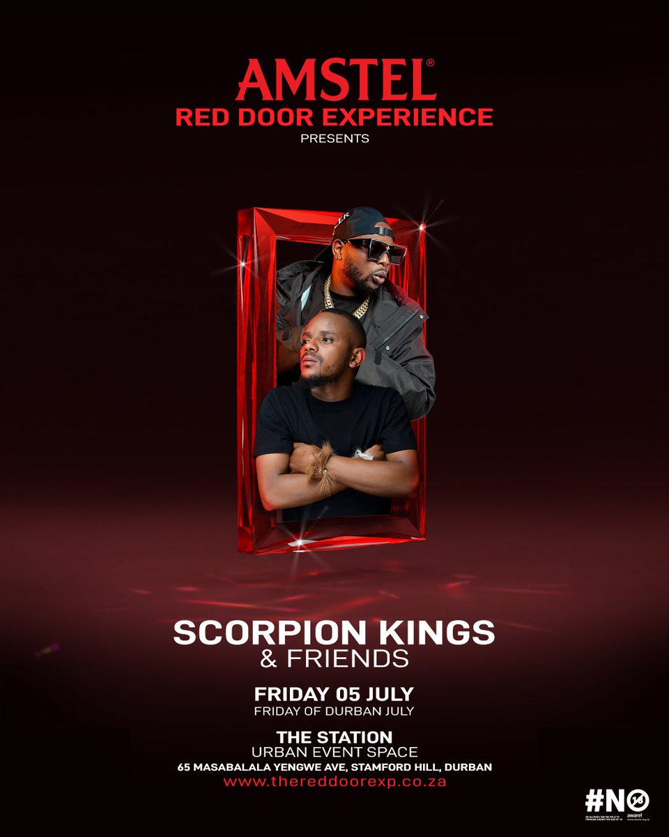 thereddoorexp's tweet photo. @AmstelSA presents The Red Door Experience x SCORPION KINGS &amp; Friends - Back together at The Durban July,  for the first time in 2 years 

Fri 5 July - The Station Urban Event Space, KZN
https://t.co/2Fj0knqFI6

Tables: tables@thereddoorexp.co.za

@KabzaDeSmall_ @DjMaphorisa https://t.co/SOwTSGtcxy
