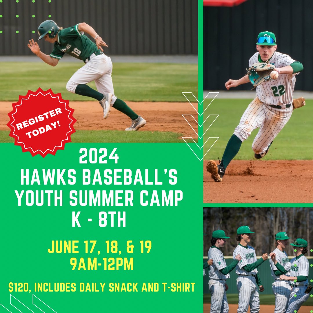 School is officially out! But now what? 🤔

Summer camp, of course!

Register your camper for the 2024 Hawks Summer Youth Baseball Camp on June 17th, 18th, and 19th for grades K-8th at forms.gle/Ykry9FBsWiQtLD… (link in bio)

See you on the hill!