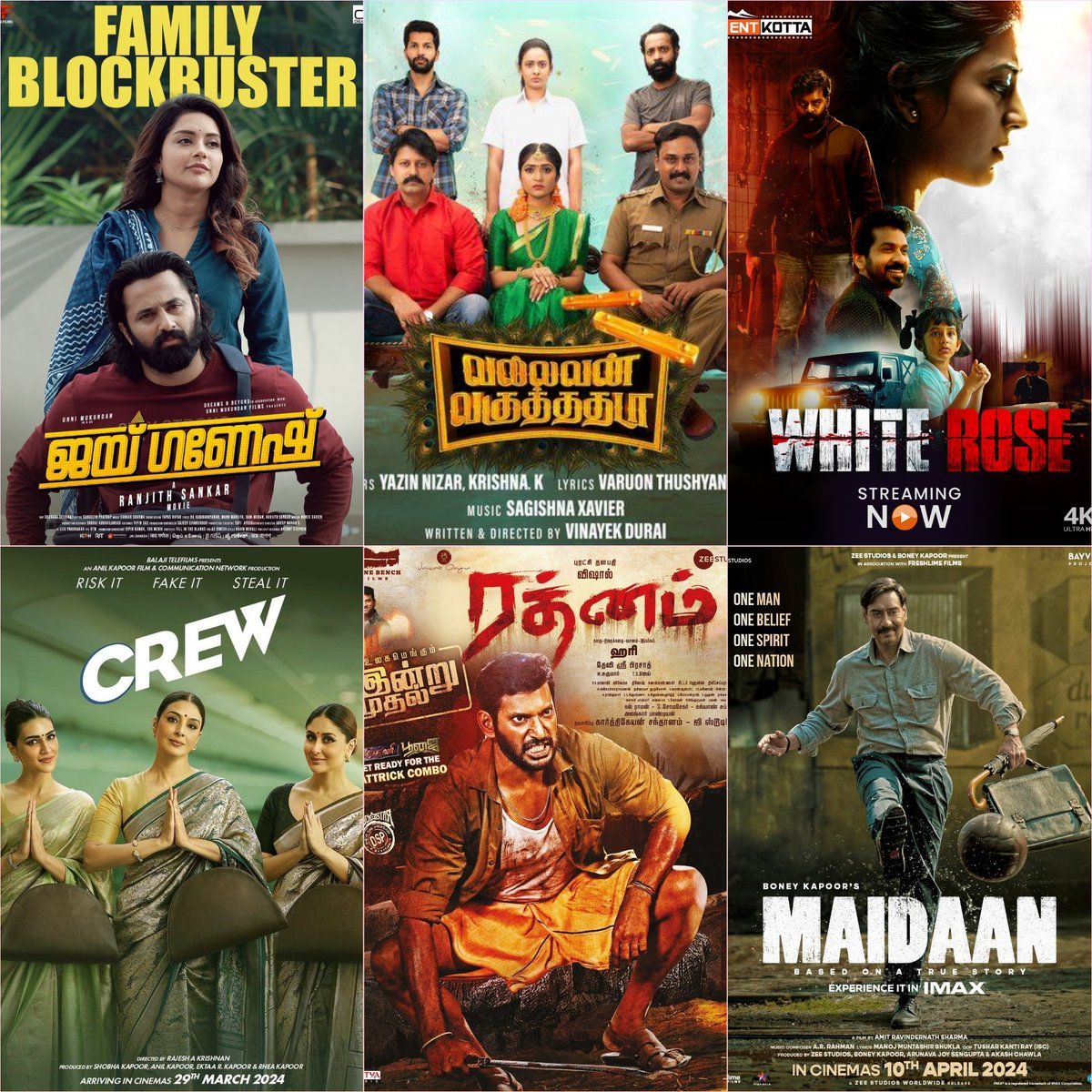 OTT Releases This Week

#Rathnam (Tamil) - Prime
#Crew (Hindi) - Netflix 
#JaiGanesh (Malayalam) - Manorama MAX
#WhiteRose (Tamil) - Tentkotta
#VallavanVaguthadhada (Tamil) - Aha
#PrasannaVadanam (Telugu) - Aha
#Maidaan (Hindi) - Prime
#Aarambham (Telugu) - Aha