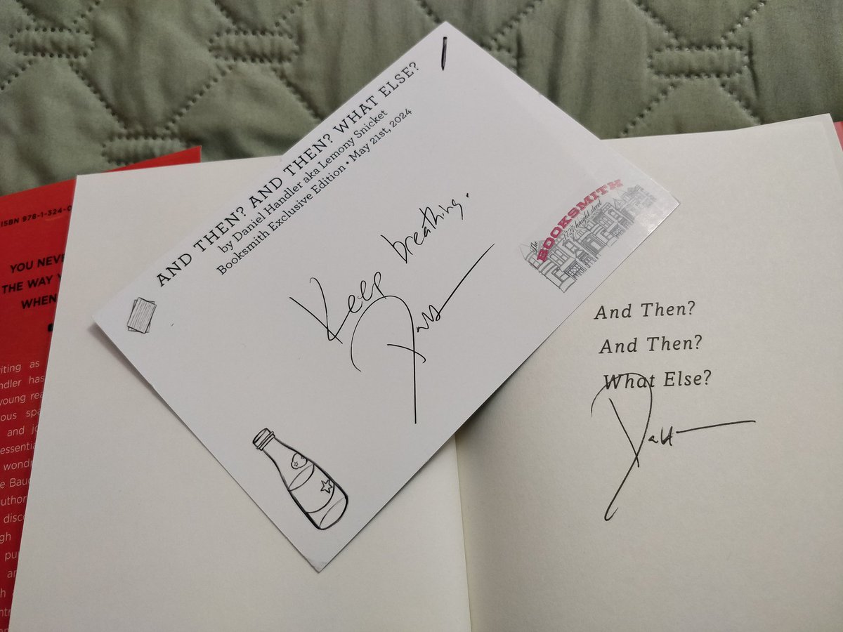 ...And today I got my (second) copy of @DanielHandler's latest from @Booksmith! I wasn't sure what the postcard would be, but I appreciate the message. I used to have random panic attacks at night and that message and this book go together nicely.