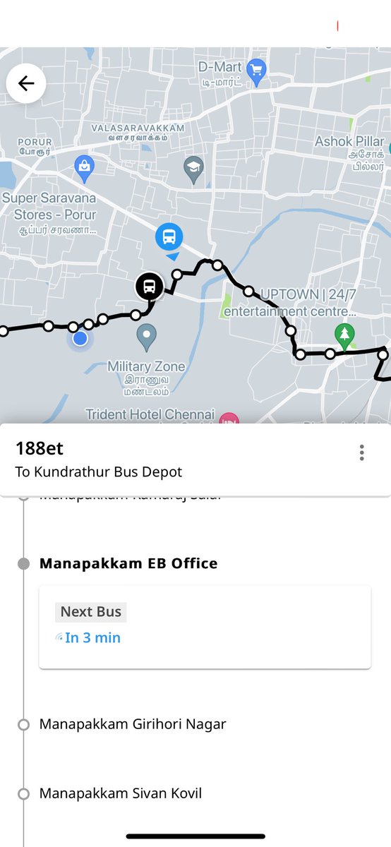 Waiting for this bus 188et broadway to kundrathur more than half hour but this bus is going in different directions please fix in app, half hour wasted using the chennai bus app. @MtcChennai 
Bus no: 188et
Timing: 9:05 am
Location: Manapakkam 
To: kundarthur