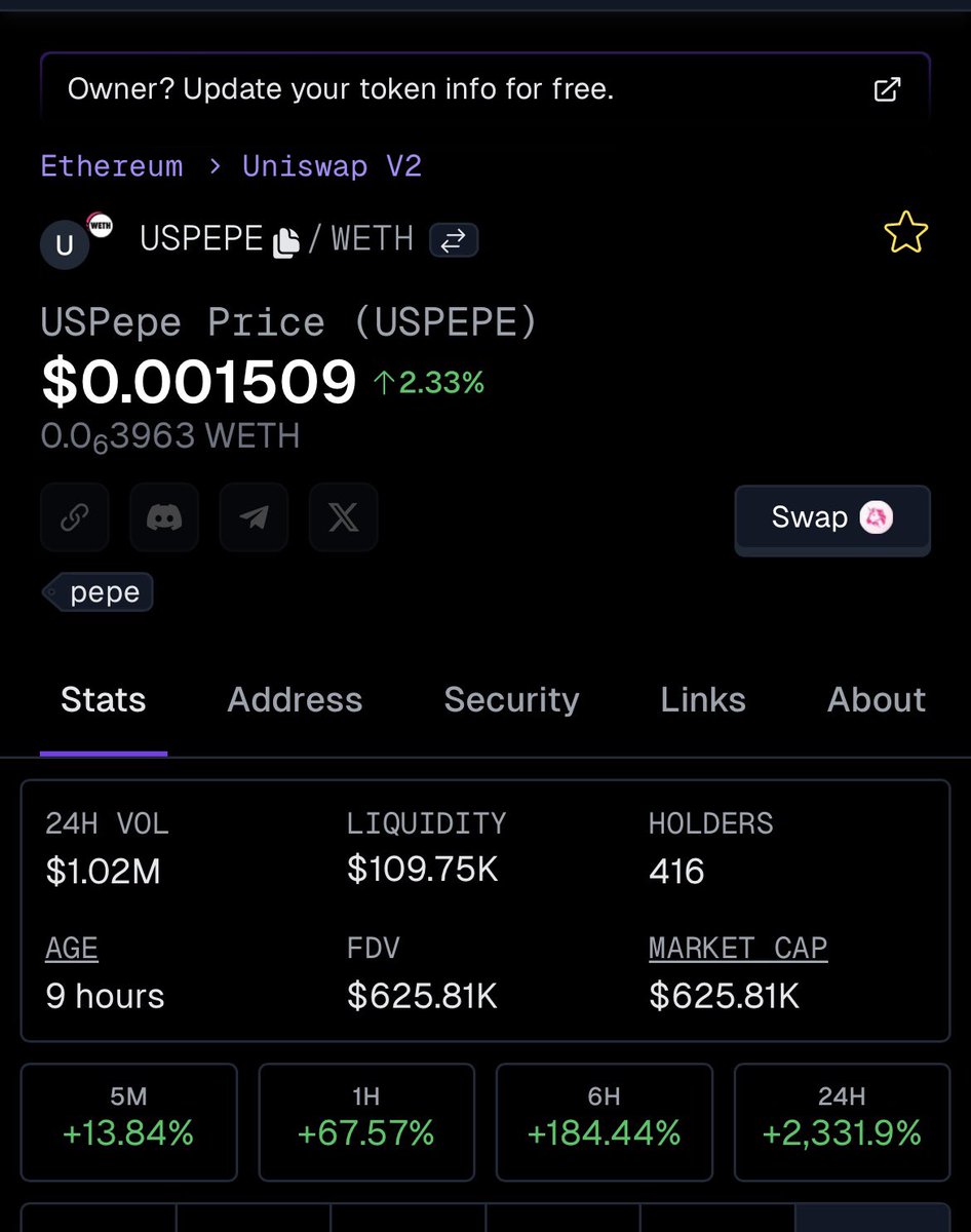 <a href="/HTXCommunity/">HTX Community</a> <a href="/pepecoineth/">Pepe</a> NUMBER 1️⃣ On eth trending for hours ⏰
$USPEPE THE JACKPOT  !🎰
FADE AT YOUR OWN RISK 💀
<a href="/UspepeETH/">USPEPE 🇺🇸</a> 
1MILLION VOLUME 🔥
Dex updated ✅
Lp burned ✅
Renounced ✅
CMC AND CG FASTTRACK  ✅
Tons of  kols onboard ✅
Snipers is out ✅
JOIN THIS TRIP TO THE MOON NOW ! 🚀
 CA: