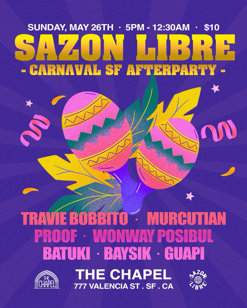 CARNAVAL THIS WEEKEND!
Sound System on 20th &amp; Harrison All Weekend Noon-6pm. AfterParty is Sunday at The Chapel. All the homies on deck- hope to see everybody! #carnavalsf #sazonlibre
