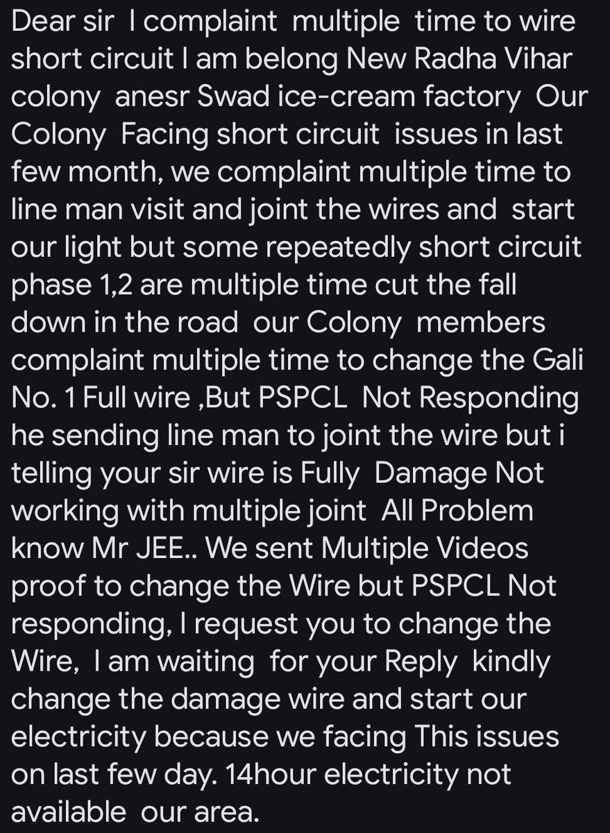 deepak2000singh's tweet photo. @PSPCLPb @BhagwantMann
Dear sir, we are choosing you to change Our  Punjab Problems  But you busy in  Delhi .  Our Colony  Facing Wire short circuit issues in last 2-3Month  or more than Our Colony  members Complaint  PSPCL to Change the Damage wire but no responses .... https://t.co/afmrEUmBJH