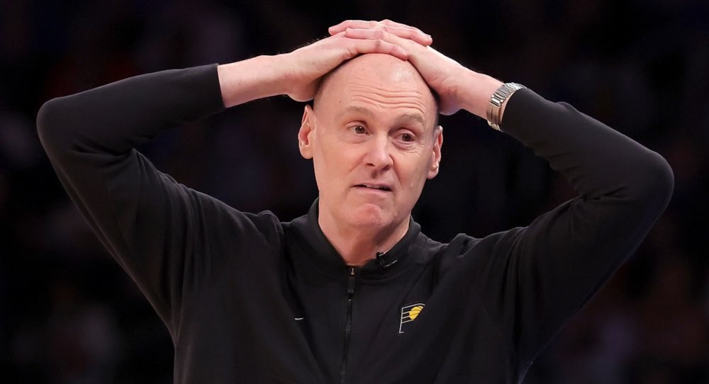 balleristic's tweet photo. Pacers coach Rick Carlisle quits by benching his starters with over 9 minutes left in the 4th qtr of the Eastern Conference Finals. This comes after he took the blame for completely blowing the end of game 1. https://t.co/Yxt7DC06se