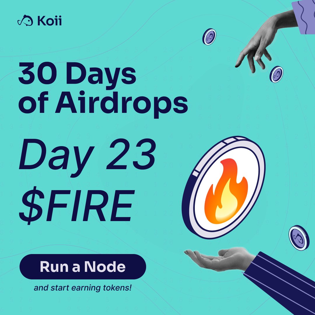 Koii's 30 Days of Airdrops: Day 23 - $FIRE! 🚀 We're excited to share that Koii will be airdropping $FIRE tokens to users running the free Koii node! Did you know?! Off-chain computations on Koii are verified and submitted on-chain, then audited by globally distributed nodes to