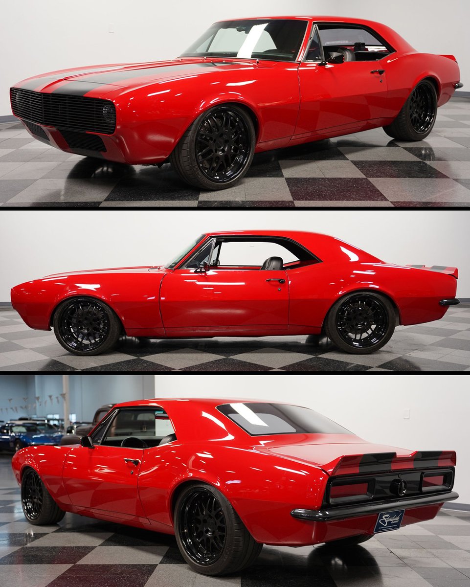 1967 Chevrolet Camaro Restomod | Asking Price: $279,995 This 1967 Camaro Restomod arrives draped in a 3-stage burgundy metallic paint that smolders in the sunlight, catching the eye with carbon flash racing stripes.