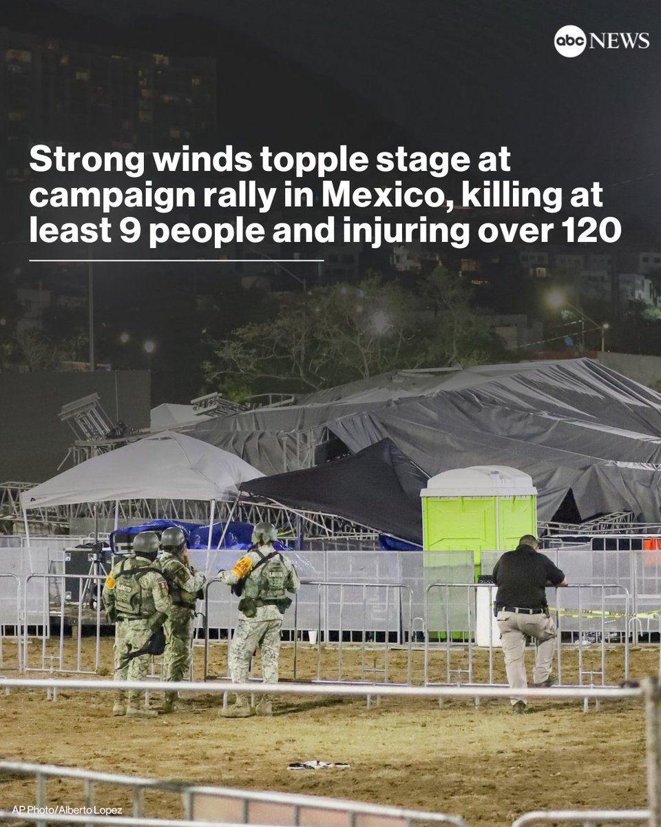 The collapse of a stage at a campaign rally in Mexico due to heavy winds has killed at least nine people, including a child, and injured over 120, the governor of Nuevo Leon state said. Read more: trib.al/Qot0C29