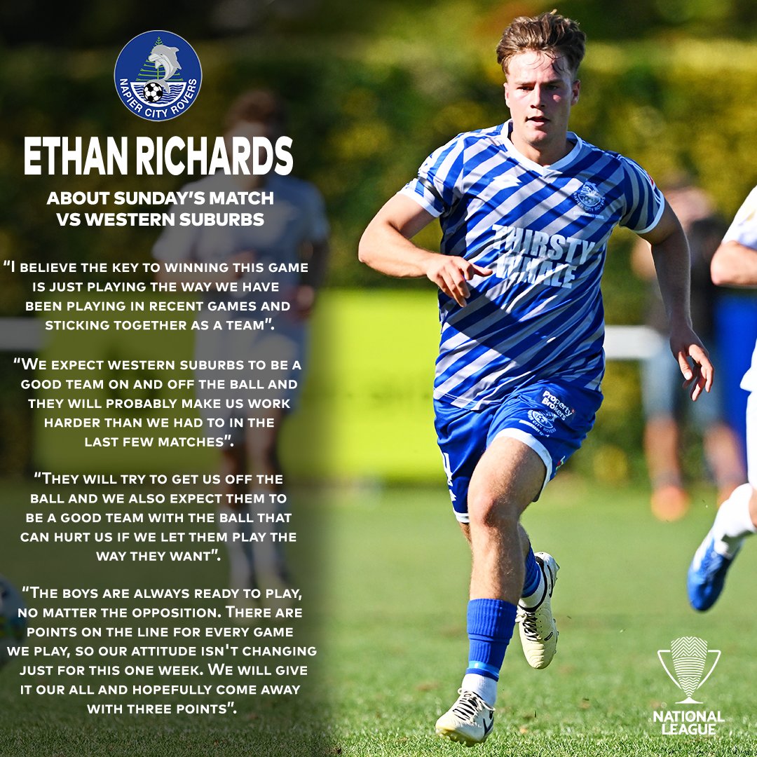 Ethan Richards' thoughts ahead Sunday's Central League match against <a href="/bestclubinnz/">Western Suburbs Football Club Official</a>

<a href="/NCR_fc/">⚽️ Thirsty Whale 🐳 Napier City Rovers</a> will be playing at home and you can watch the game live and free on FIFA+ 📺

plus.fifa.com/en/content/nap…

#NZNationalLeague #NZFootball