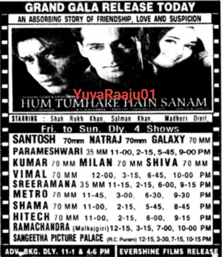 YuvaRaaju01's tweet photo. #22YearsForHumTumareHaiSanam
Starring: @iamsrk , @BeingSalmanKhan , @MadhuriDixit
Hyd - SANTOSH 70MM - 56DAYS RUN 💥 Replaced with #OmJaiJagadish
Secbad - NATARAJ - 13Days RUN Replaced with #Adrushtam https://t.co/RdTZD5pkP4