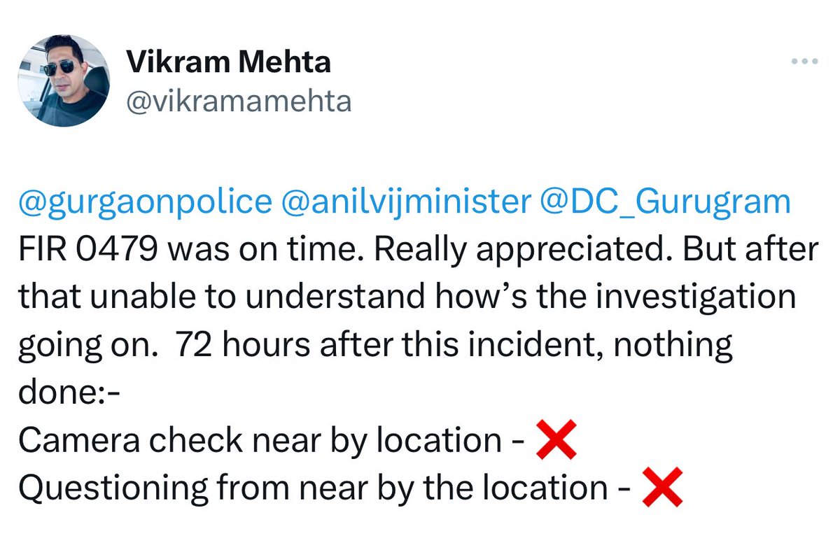 vikramamehta's tweet photo. @PurnaShukla @NayabSainiBJP @AmitShah @DC_Gurugram @HMOIndia @TOIGurgaon @gurgaonpolice @DelhiPolice @CellDelhi @ZeeNewsEnglish @aajtak Same thing happened with me nearby but since my FIR no one called even to follow. Police only listen and works for big names. We are Common people and it’s our fate. https://t.co/48xGm6Sx3f
