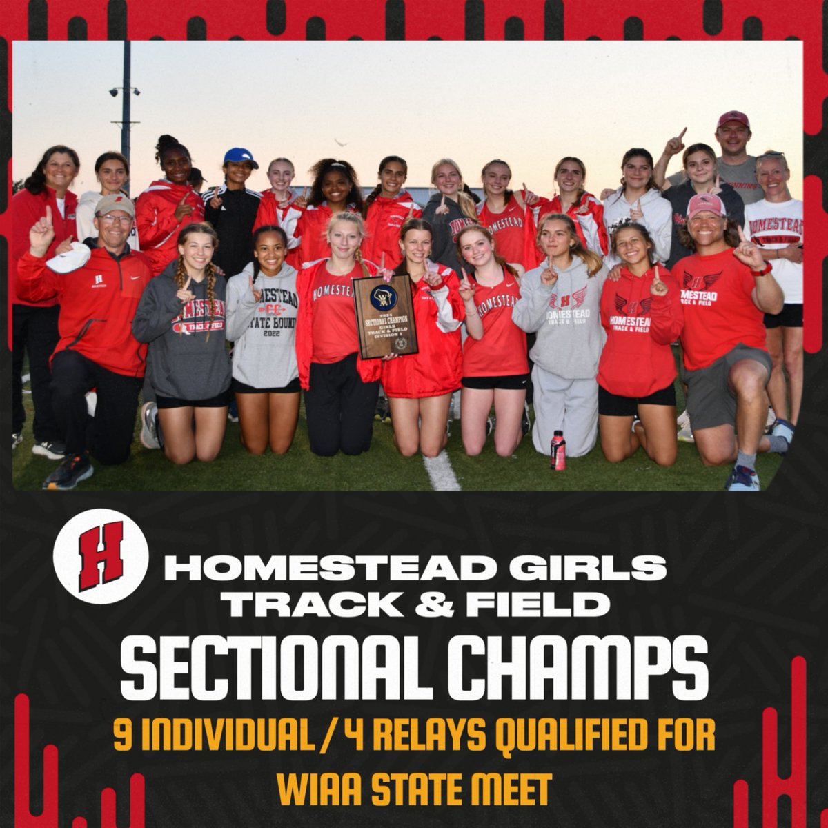 GoHHSathletics's tweet photo. Congrats to the HHS Girls Track &amp; Field team on a Sectional Championship and an unprecedented 13 events qualifying for state!
17 girls travelled to West Bend and all 17 will be representing Homestead in LaCrosse next weekend. So impressed and grateful for this team and coaches! https://t.co/QyqDDdhYZw