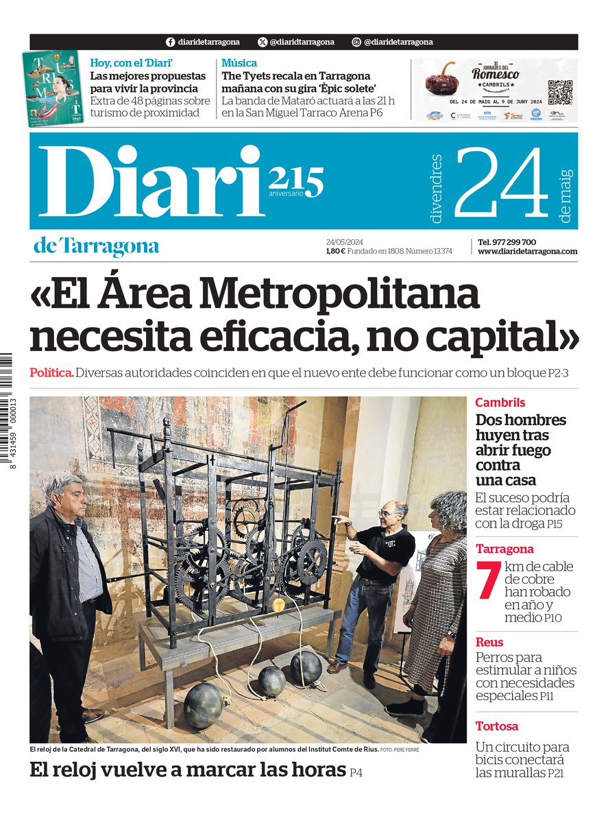 Bon dia, #Tarragona! Estas son las 3 noticias destacadas de hoy: ➡ «El Área Metropolitana necesita eficacia, no capital» ➡ The Tyets recala en TGN mañana con su gira ‘Èpic solete’ ➡ El reloj vuelve a marcar las horas ✅ Suscríbete: bit.ly/3k3L83k