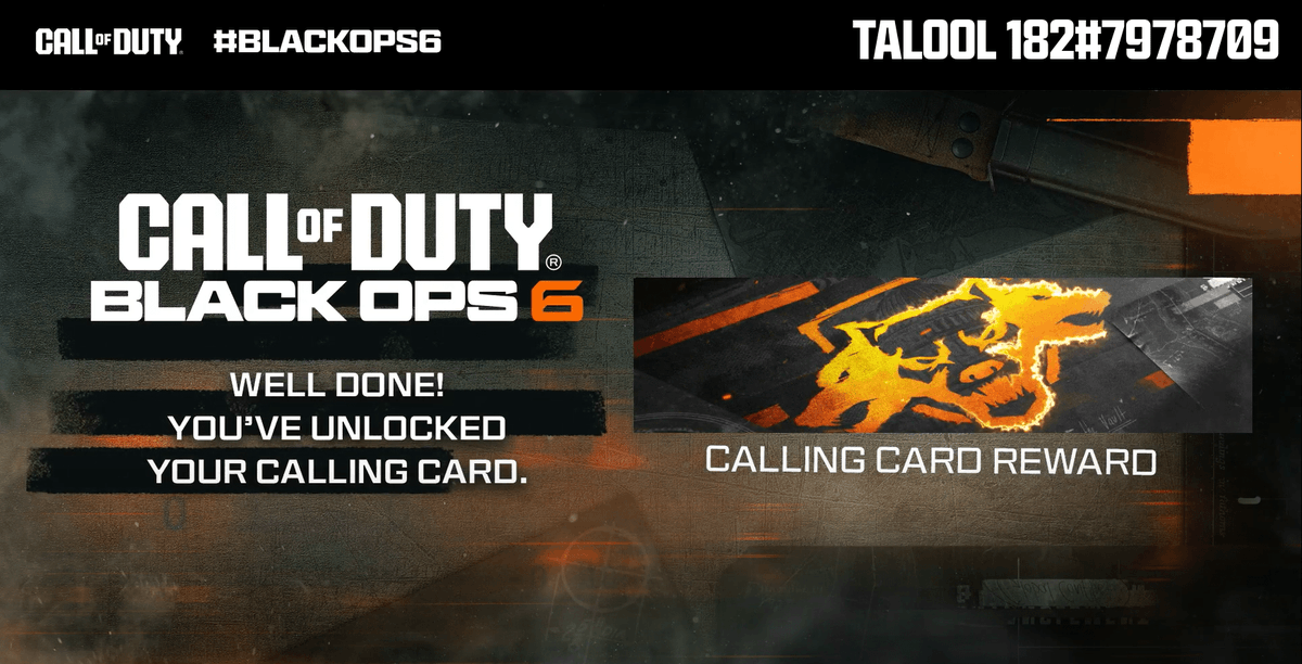CallofDuty's tweet photo. @Talalbu5mas @Talalbu5mas WELL DONE! 

 YOU'VE UNLOCKED YOUR CALLING CARD.

 It'll be waiting for you on day 1 of Black Ops 6 🤝 https://t.co/KeKke3slHt