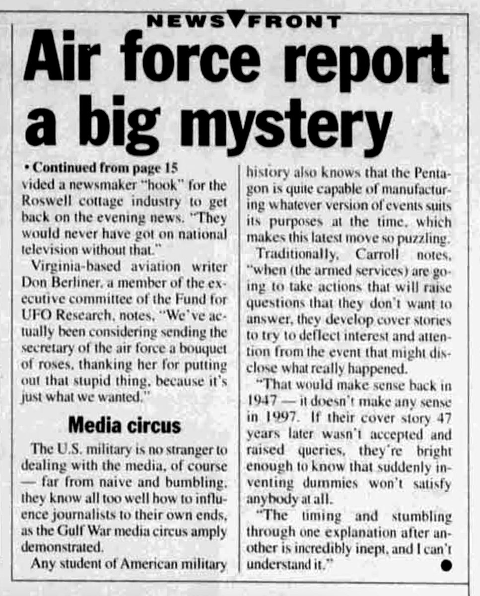 @TheUfoJoe I remember the widespread skepticism that greeted the USAF’s subsequent 1997 Roswell report - claiming any alien bodies reported were really just anthropomorphic test dummies - reactions which I gathered for an article in Toronto’s NOW Magazine ICYMI: