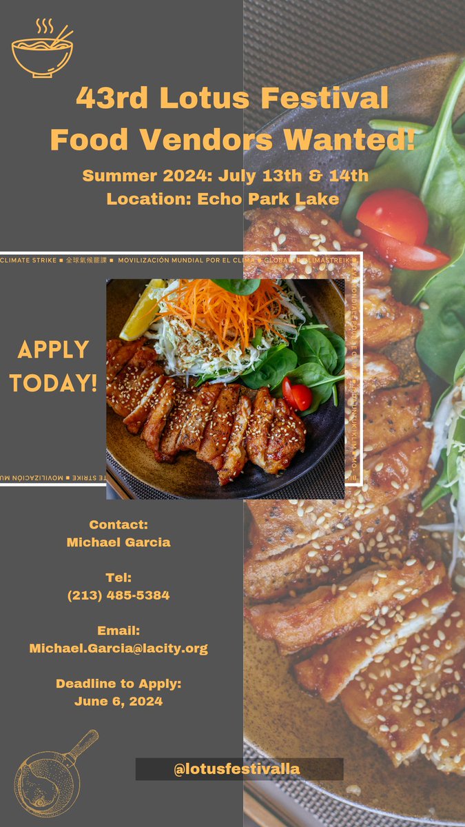 lotusfestivalla's tweet photo. We're seeking a couple of more food vendors for this year's 43rd Lotus Festival. If interested, please contact Michael Garcia by June 6th.

#echoparklake #LotusFestivalLA #43rdLotusFestival #lacityparks #everythingunderthesun #parkproudla @LACityParks @RecConnectLA https://t.co/rxHlAEdxQG