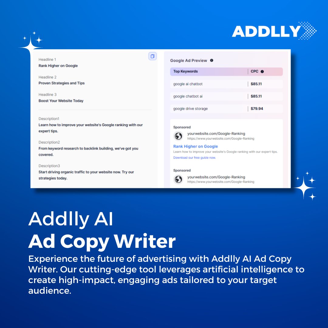 AddllyAi's tweet image. With Addlly AI, get ad copies tailored to attract your target audience and boost conversions. Say goodbye to guesswork and inefficient spending, and hello to data-driven, effective ad campaigns. 

#AddllyAI #AdCopyWriter #GoogleAds #AIAdvertising #DigitalMarketing
