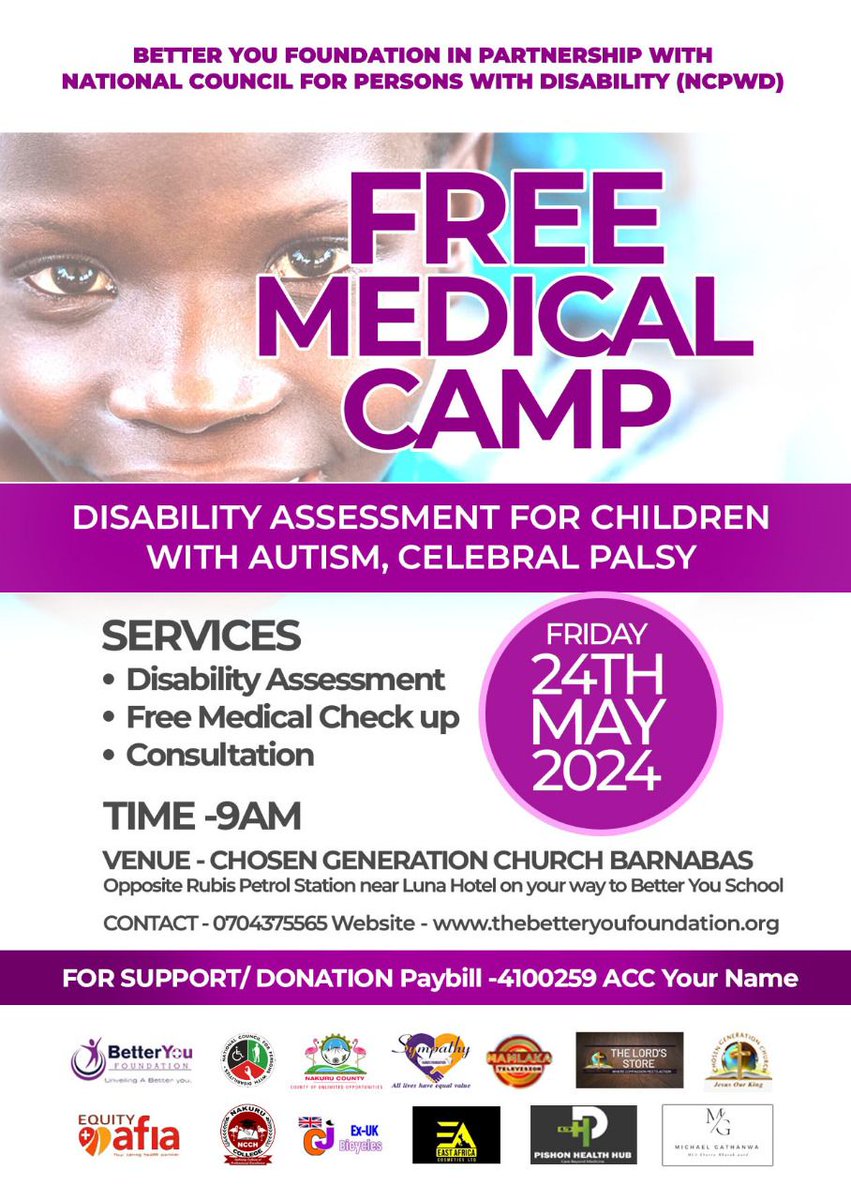 Foundation95548's tweet photo. You're invited to a special event! FREE medical camp today at Chosen Generation Church Barnabas in Nakuru. Spread the word and join us for a day of health and giving back to the community. See you there!
@Misereor @HBKidsHospital @FordFoundation @GolisanoFdn @canada https://t.co/t3Q2OCJHfB