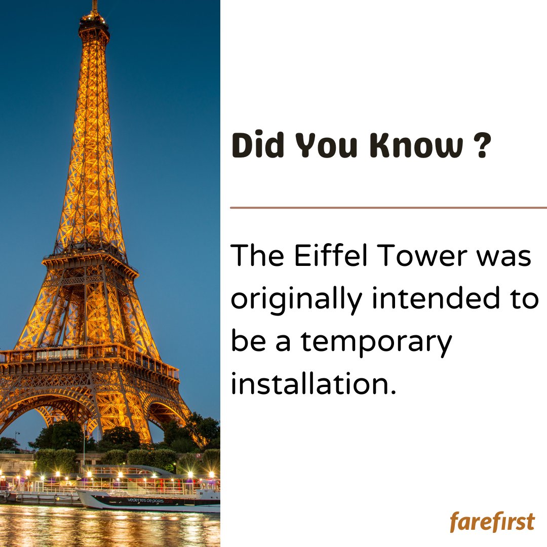 Fact of the day 🫢

The Eiffel Tower was originally intended to be a temporary installation.

Book your flights with farefirst.com , available on Android, iOS, Website.

#FareFirst #cheapflights #travel #wanderlust #vacation #explore #travelblog #exploretocreate