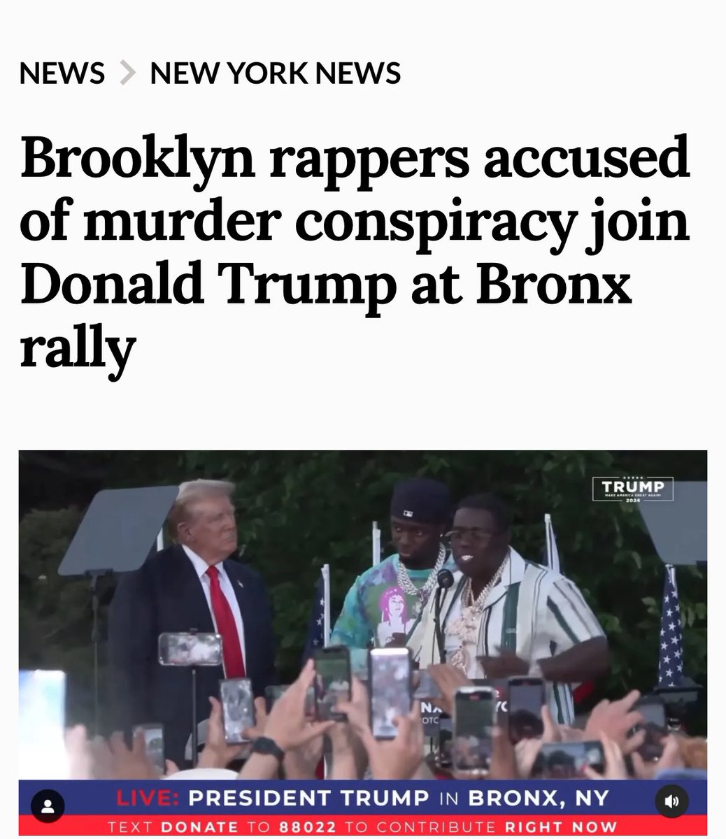 MSM is failing us. Only ONE publication, the NY Daily News, has printed a story about Trump inviting Sheff G and Sleepy Hallow (who are facing a murder conspiracy charge and more) on stage with him at his Bronx rally tonight. Shameful.