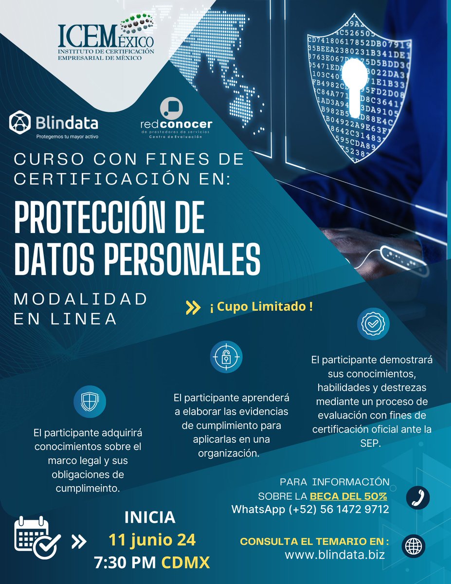 blindatamx's tweet photo. 🖐Estas interesado en obtener un Certificado Oficial ante la SEP; en materia de #ProteccionDatos personales. Consulta toda la información en 👉👉 https://t.co/7vK815aeea  o envía un WhatsApp 56 1472 9712 para agendar una cita de asesoría gratuita.  Aparta la beca del 50% https://t.co/bI1mZs7JyH