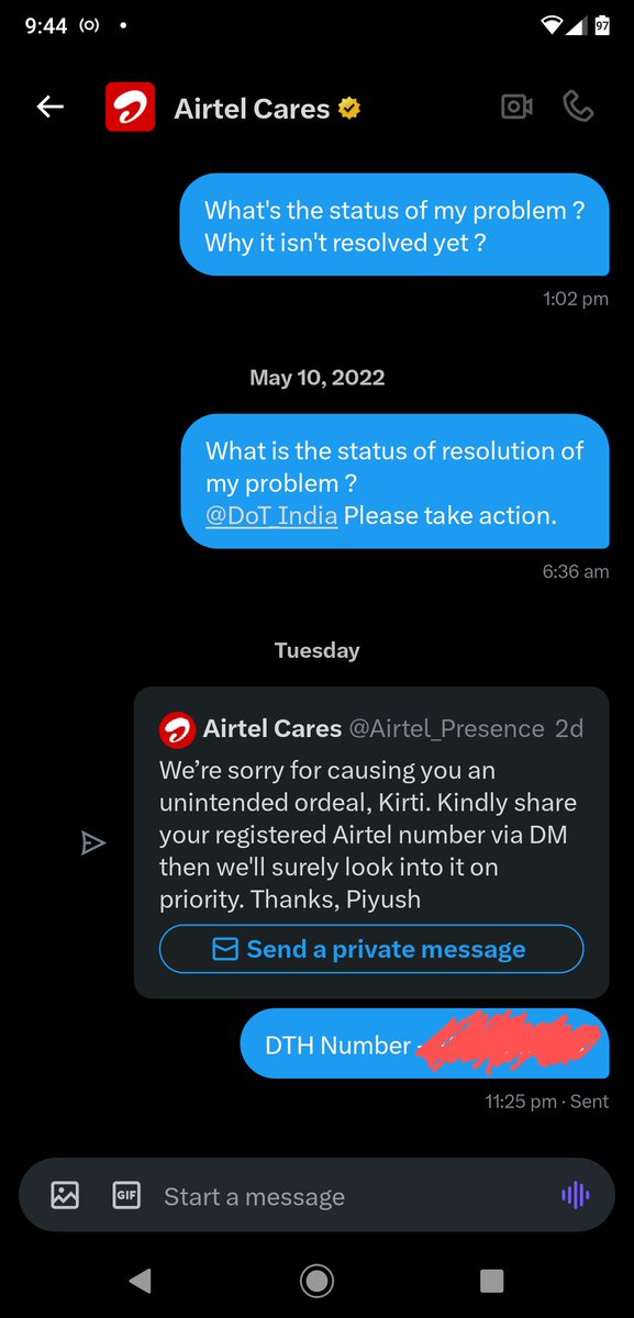 KirtiKumarArora's tweet photo. @Airtel_Presence I've checked, no msg has been received frm ur side in DM. If you've, then share ur screenshot of sending msg or else don't post misleading reply. @DoT_India pls look, they're constantly posting misleading reply in front of u 2 get rid of this matter.I'm sharing recent screenshot. https://t.co/FS2EYz9sP5