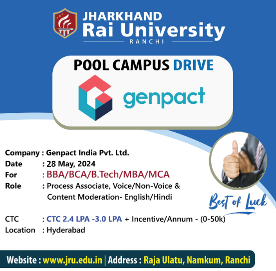 JhRaiUniv's tweet image. Get👍ready for the pool campus drive at Jharkhand Rai University, Ranchi to secure your dream job with Genpact India Pvt. Ltd.  
#placementdrive #placementcell #placment #jruplacement #jru #jruranchi #genpact #jharkhandraiuniversityranchi #raiuniversityranchi