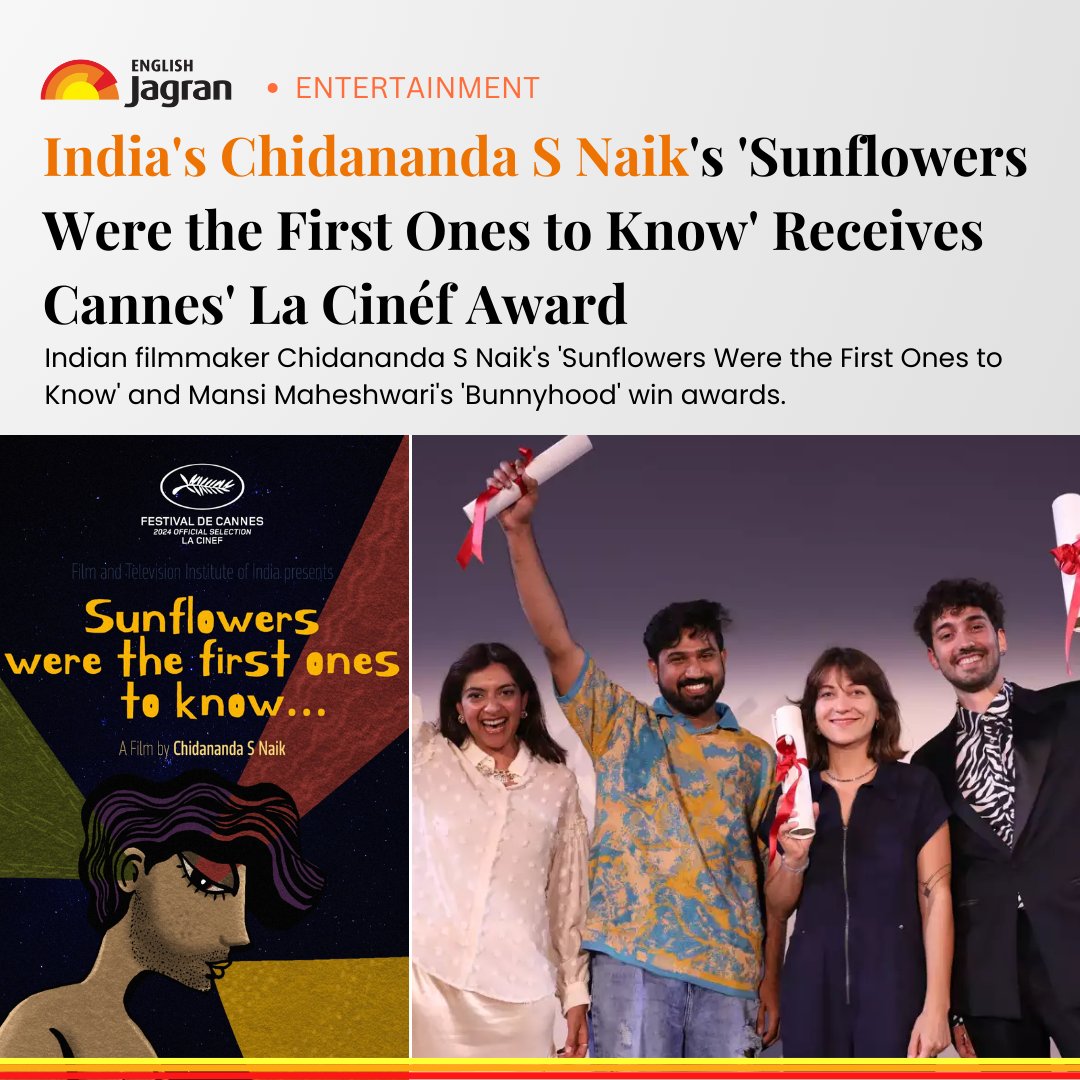 #CannesFilmFestival2024: Indian filmmaker Chidananda S Naik's 'Sunflowers Were the First Ones to Know' clinched the 1st prize of La Cinef for Best Short, while Mansi Maheshwari's 'Bunnyhood' secured the third prize in the same category. Read More: tinyurl.com/2jpw5r8t