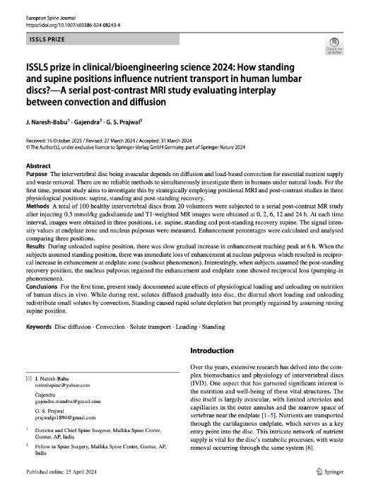 ISSLS_Society's tweet photo. @ISSLS_Society would like to congratulate dr. Naresh-Babu and co-authors on winning the prestigious International Society for the Study of the Lumbar Spine (#ISSLS) Prize in clinical/bioengineering science 2024 in @EurSpineJournal https://t.co/NkPncP4gNP