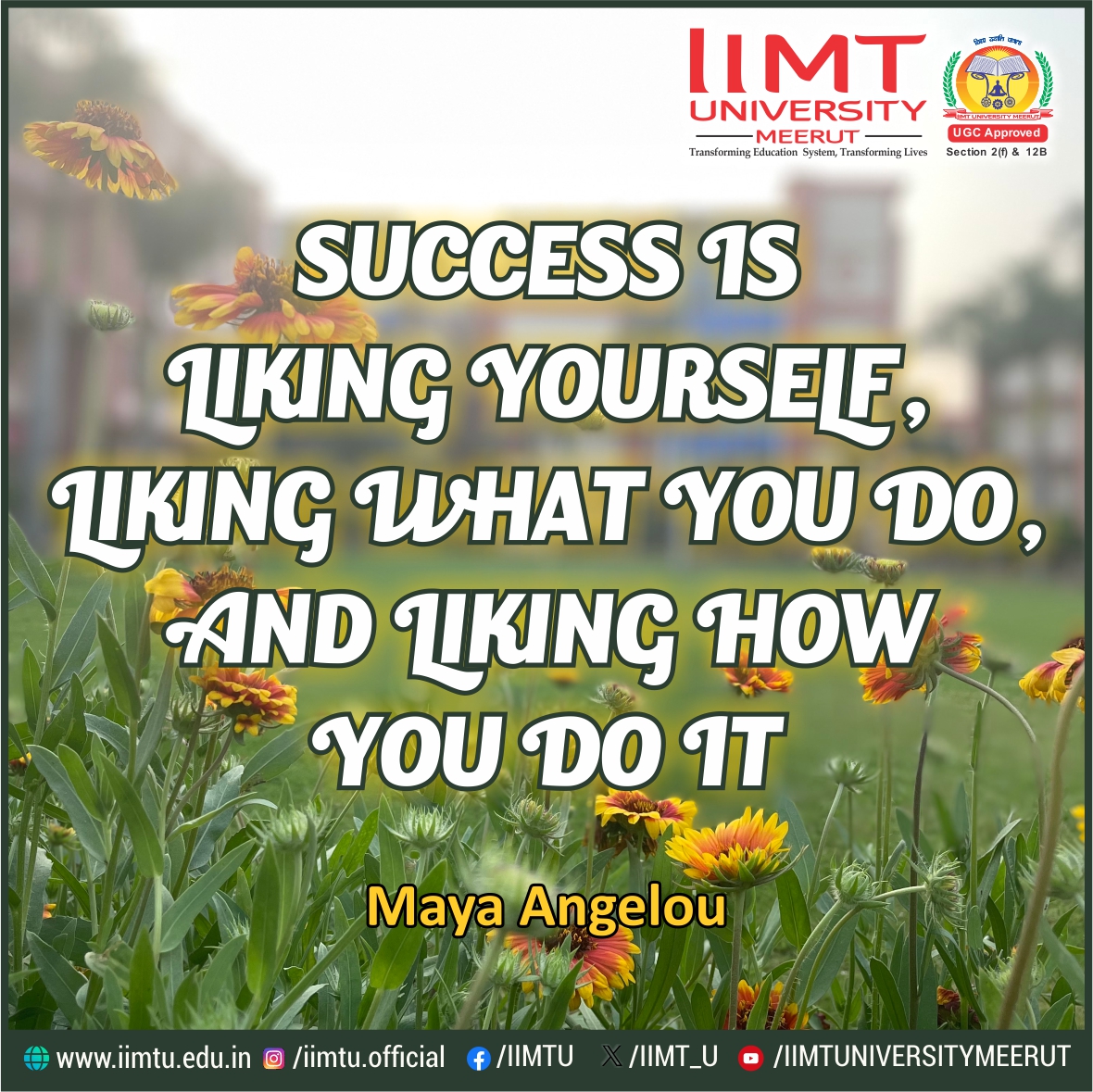“Success is liking yourself, liking what you do, and liking how you do it.” —Maya Angelou

#IIMTUthoughtspot #QuoteofTheDay #FridayThoughts 

#IIMTU #TransformingEducationSystem #TransformingLives 

🌐iimtu.edu.in  📱+91-9045954124 

#AdmissionsOpen2024 #IIMTUniversity