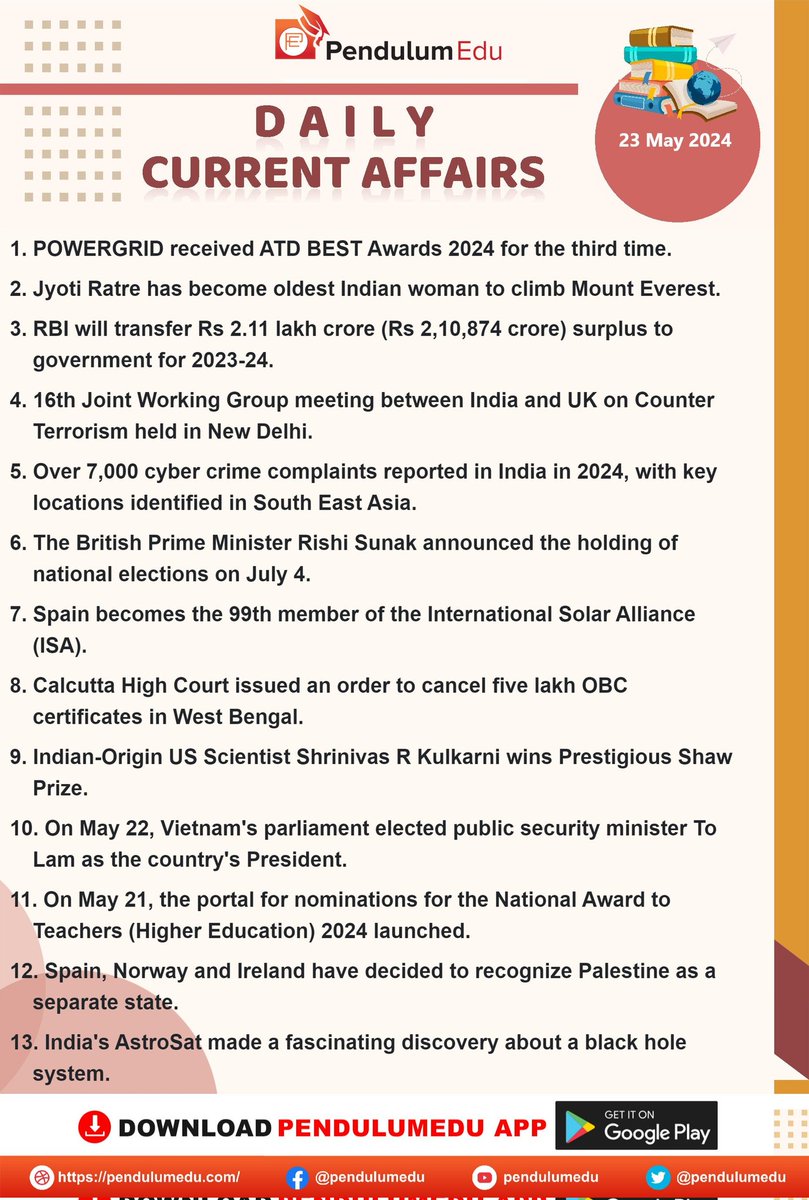🌹Current Affairs🌹

Here 👇👇 is the important Current Affairs of 23rd May, 2024. 

#UPSC #TSPSC #APPSC #KPSC
 #RPSC #GPSC #NPSC #TNPSC
     #CurrentAffairs #May #GS
 (Data courtesy: #PendulumEdu)